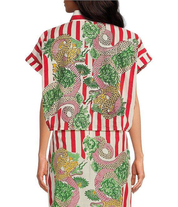Mo Maya Red Stripe Dragon Print Camp Collar Short Sleeve Button Front Coverup Top Product Image