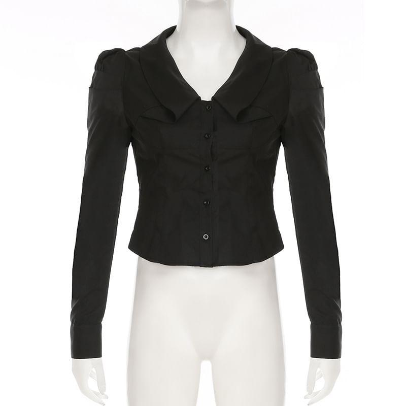 Long Sleeve Collared V-Neck Plain Crop Shirt Product Image