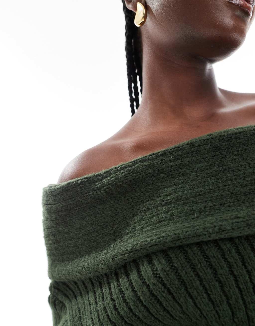 ASOS DESIGN oversized knit off shoulder sweater in forest green Product Image