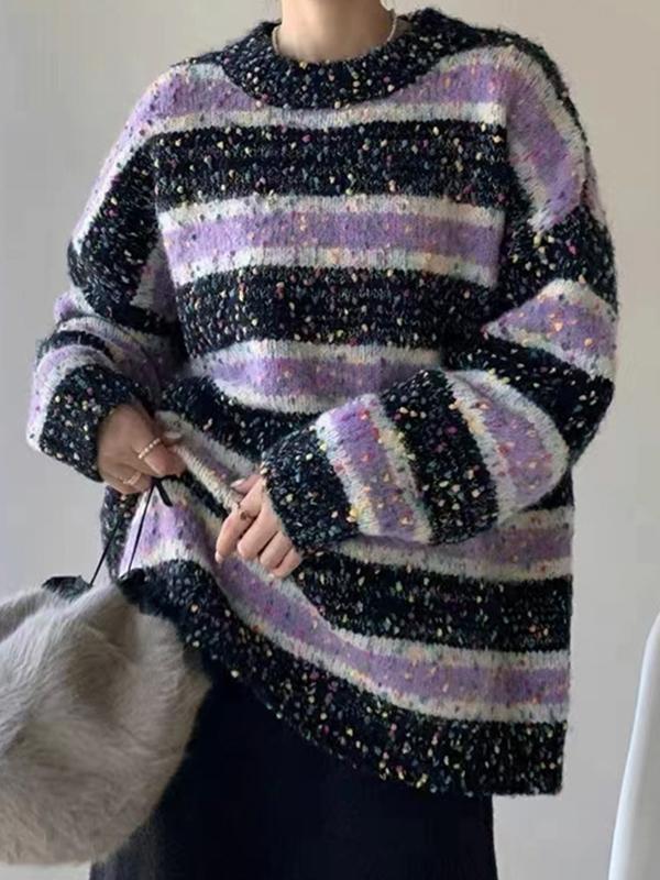 Popcorn Contrast Color Striped Knit Sweater Product Image