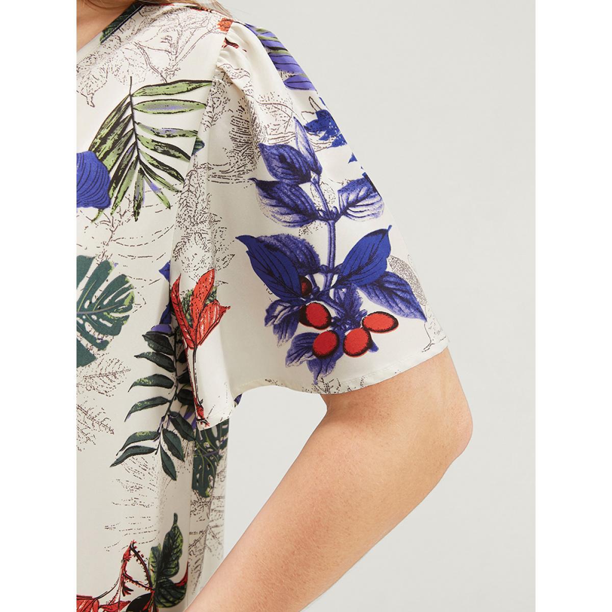 Plus Size Beige Plant & Floral Ruffle Sleeve Surplice Neck Blouse Women Vacation Short sleeve V-neck Dailywear Blouses BloomChic 30/6X Product Image