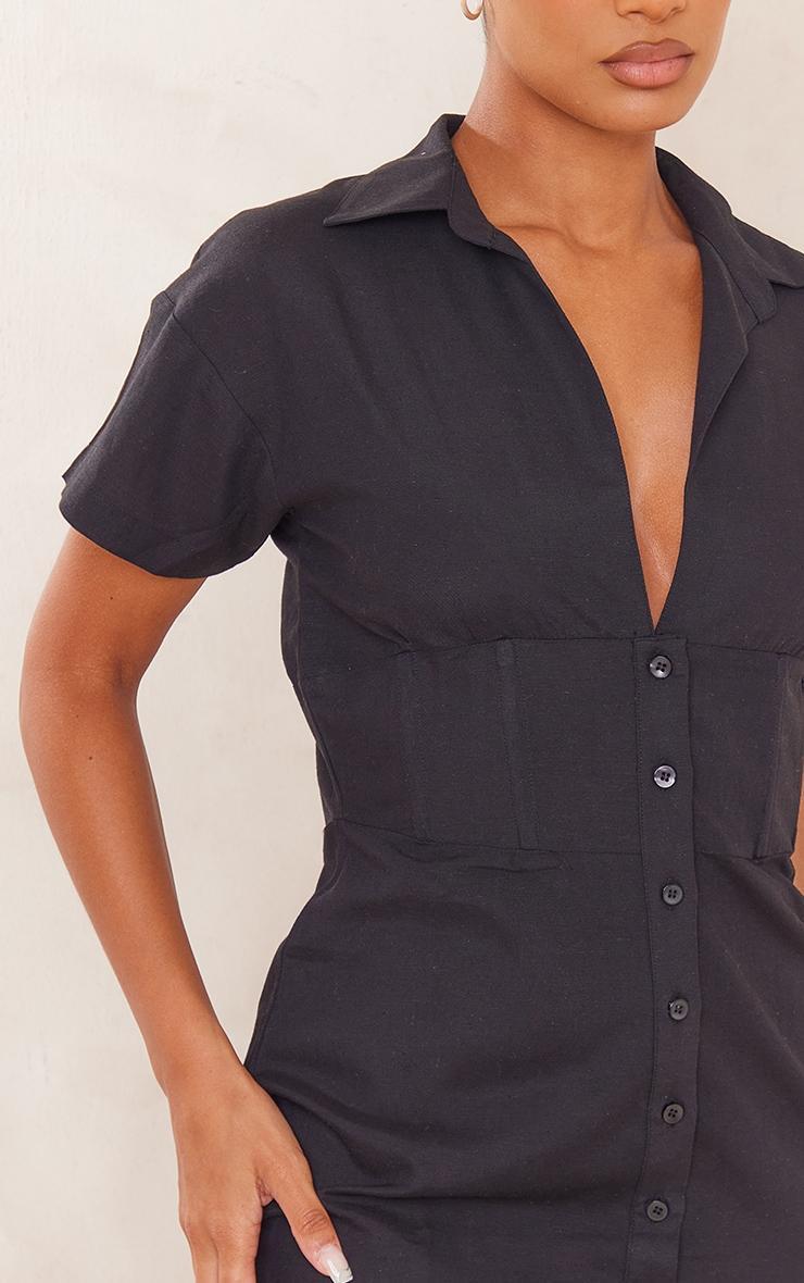 Black Short Sleeve Fitted Waist Linen Look Shirt Dress Product Image