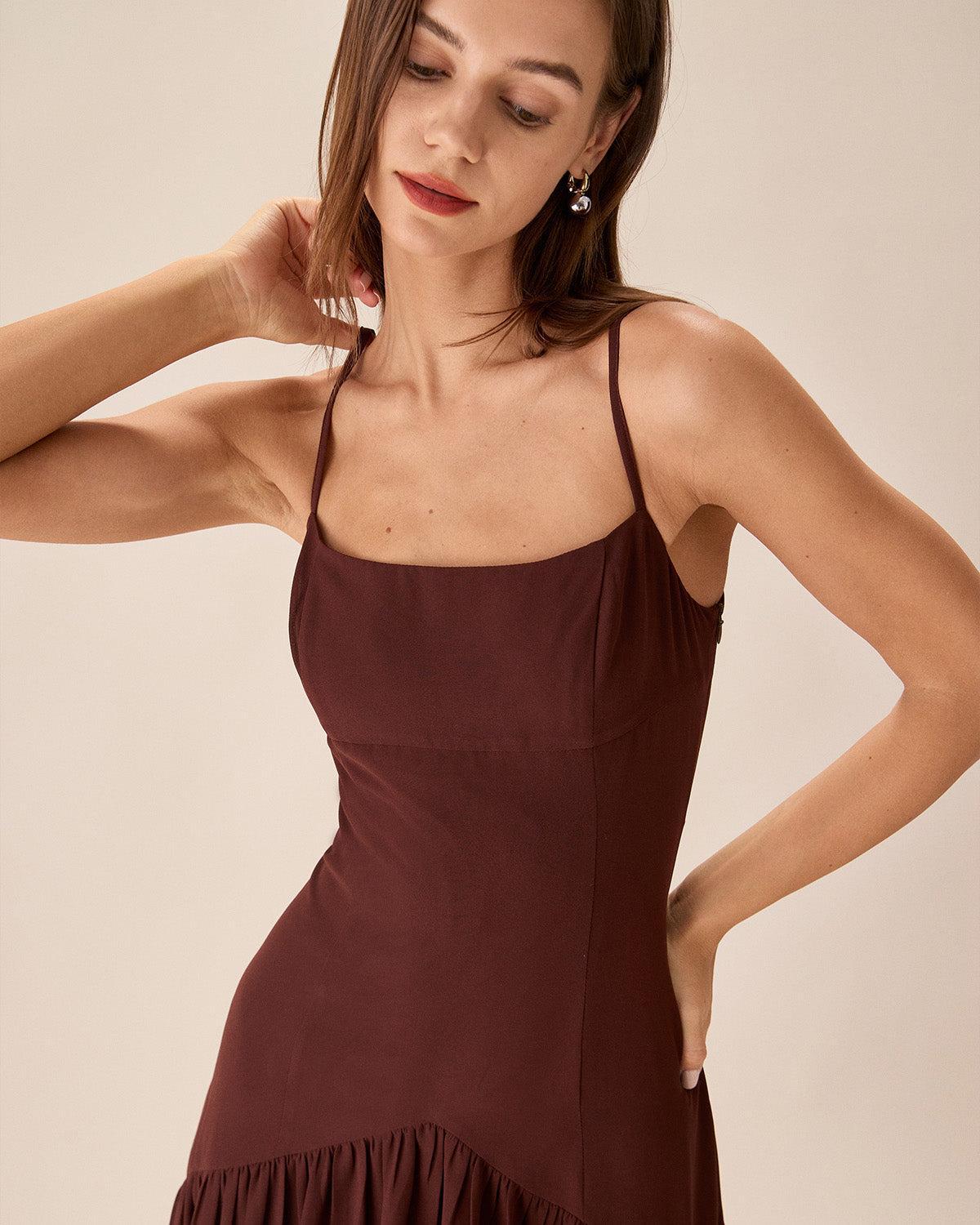 Brown Chiffon Ruched Slip Midi Dress Product Image