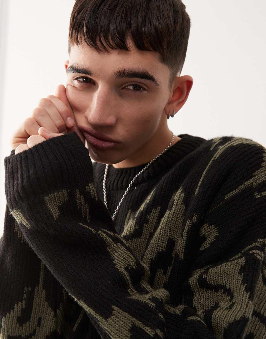 COLLUSION oversized jacquard knitted sweater in khaki Product Image