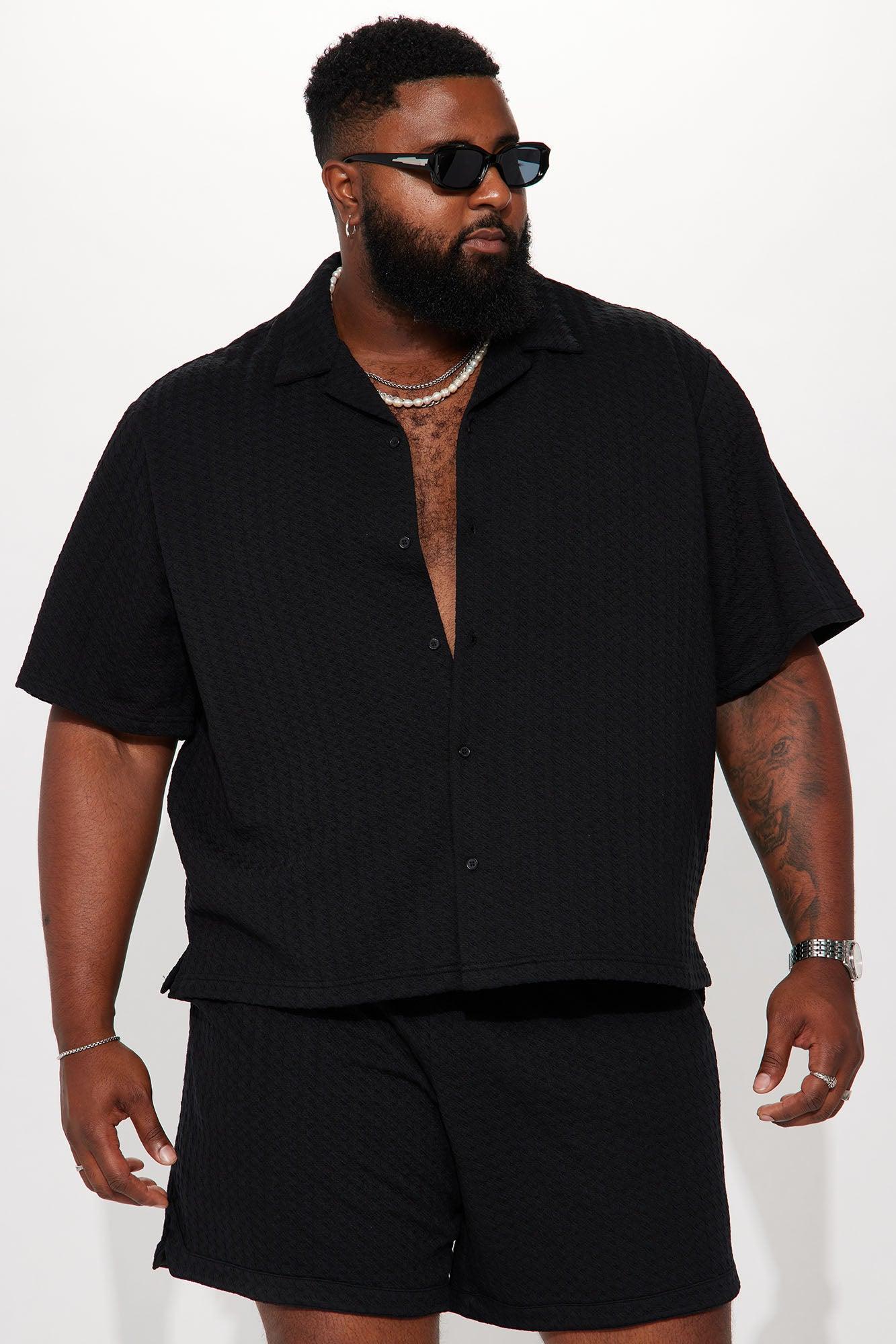 Follow Me Textured Short Sleeve Button Up - Black Product Image