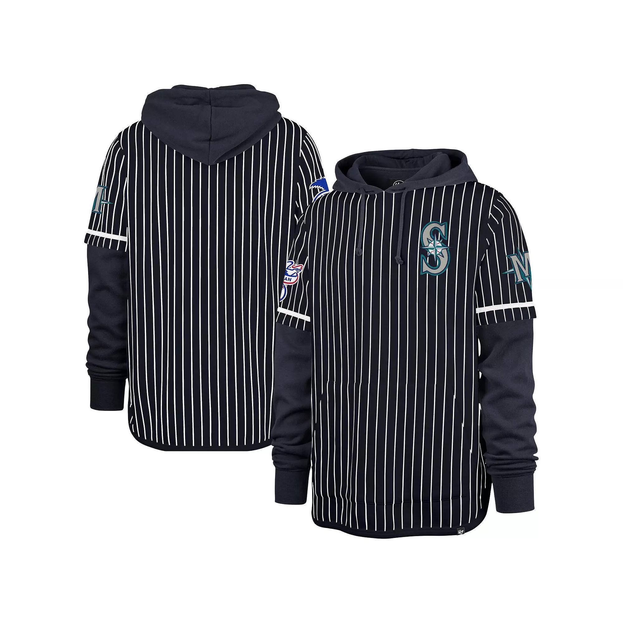Men's '47  Navy Cleveland Guardians Pinstripe Double Header Pullover Hoodie, Size: 2XL, Grd Blue Product Image