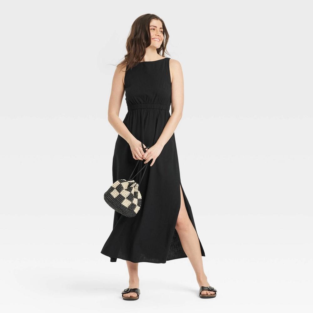 Women's Maxi A-Line Dress - Universal Thread™ Black M: Cotton Rayon Blend, Backless, Side Pocket, Crew Neck Product Image