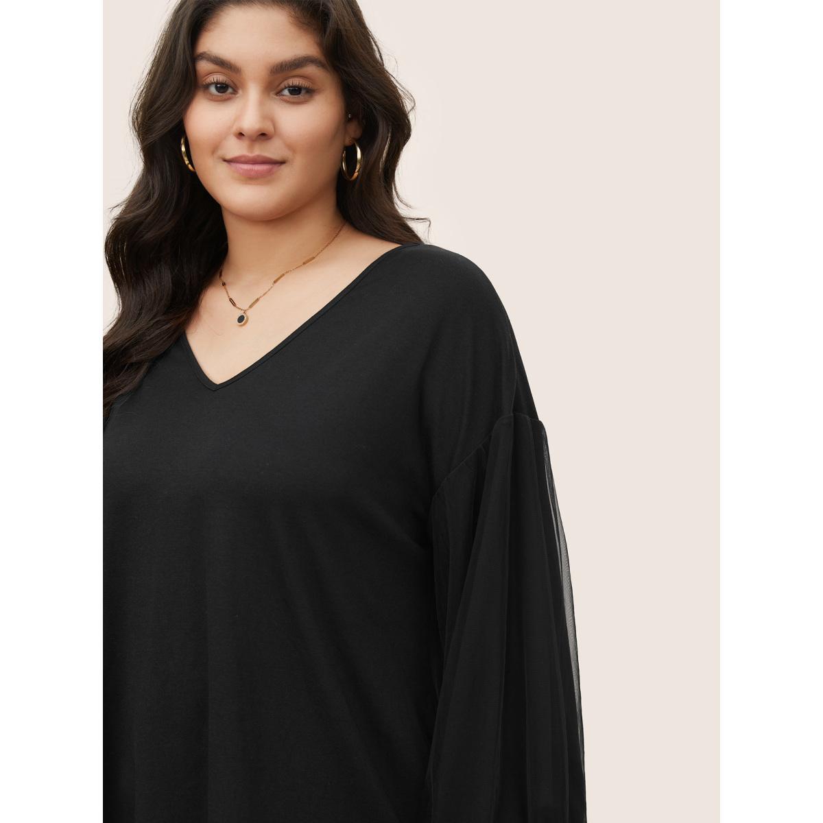 Plus Size Plain Tiered Mesh Patchwork T-shirt Black Women Elegant Non Plain V-neck Everyday T-shirts BloomChic 26/4X Product Image