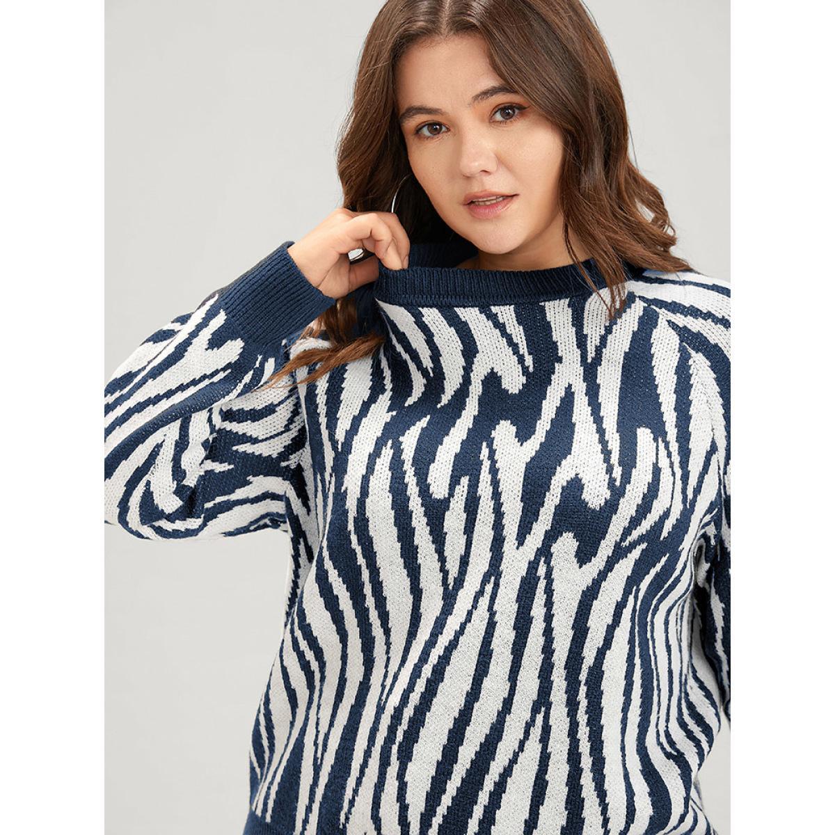 Plus Size Zebra Print Pointelle Knit Raglan Sleeve Jacquard Knit Top Midnight Women Casual Long Sleeve Round Neck Everyday Pullovers BloomChic 22-24/3X Product Image
