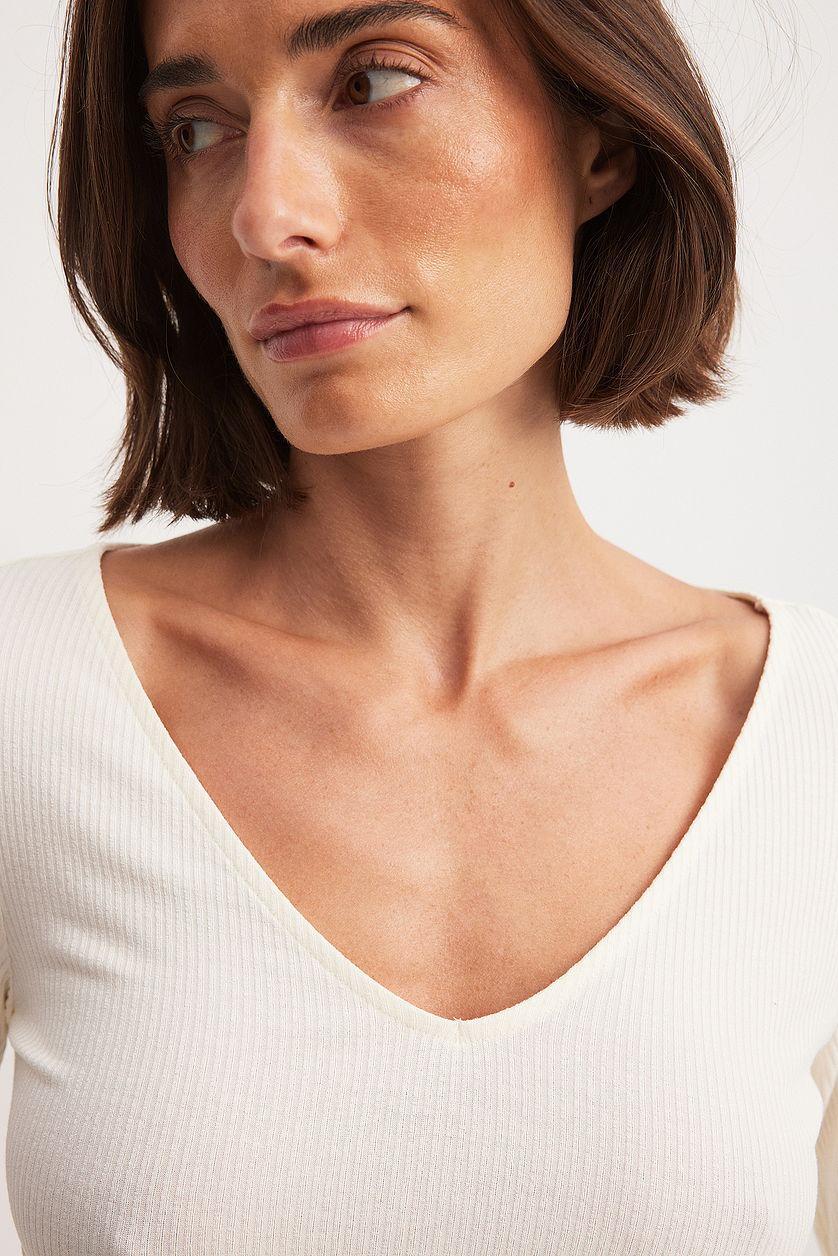 V-Neck Ribbed Long Sleeve Top Product Image