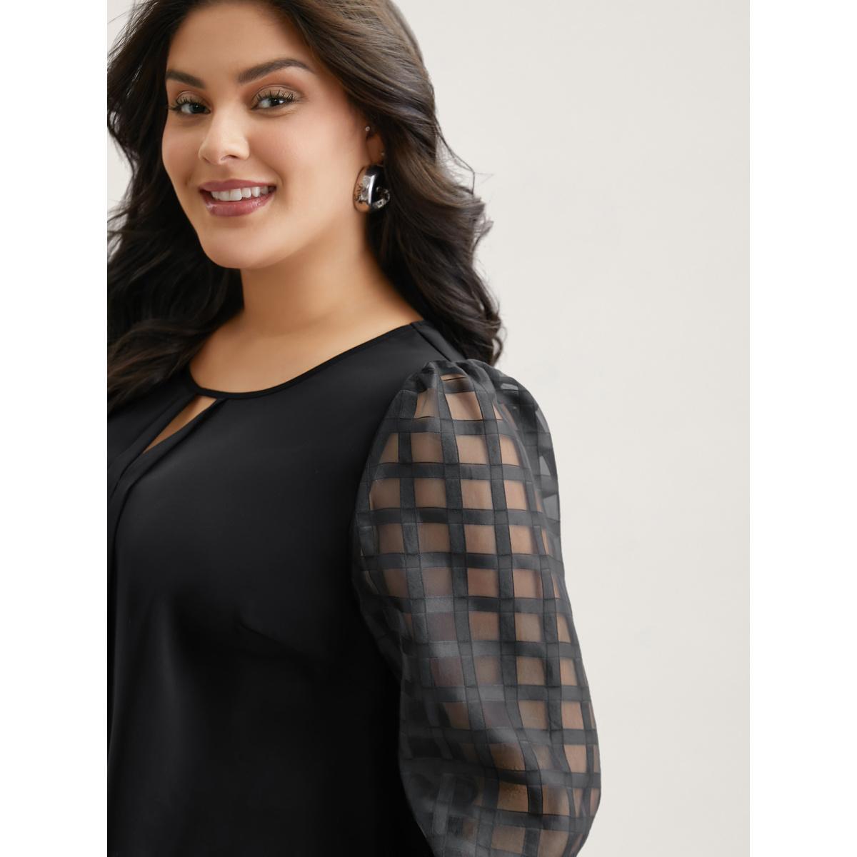 Plus Size Black Sheer Textured Sleeve Neck Cut-Out Shirt Women At the Office Long Sleeve Round Neck Work Blouses BloomChic 28/5X Product Image
