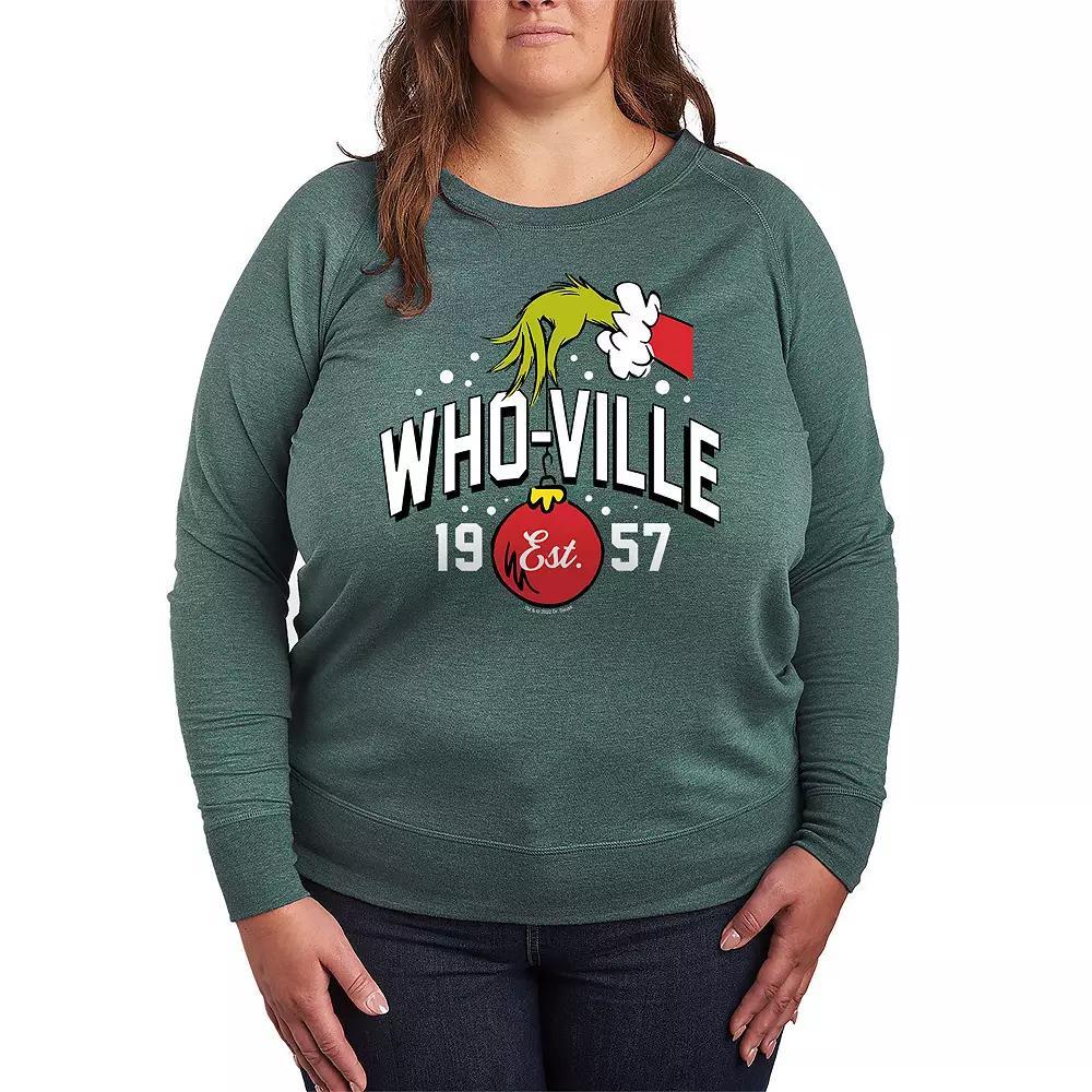 Plus Size Dr. Seuss The Grinch Whoville Hand French Terry Long Sleeve Tee, Womens Grey Indigo Product Image