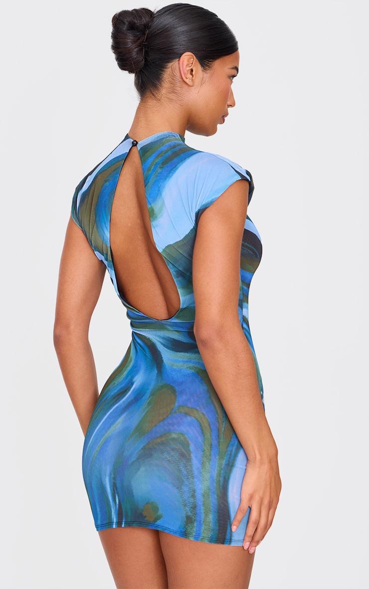 Blue Abstract Mesh Floral Print Mini Dress Product Image