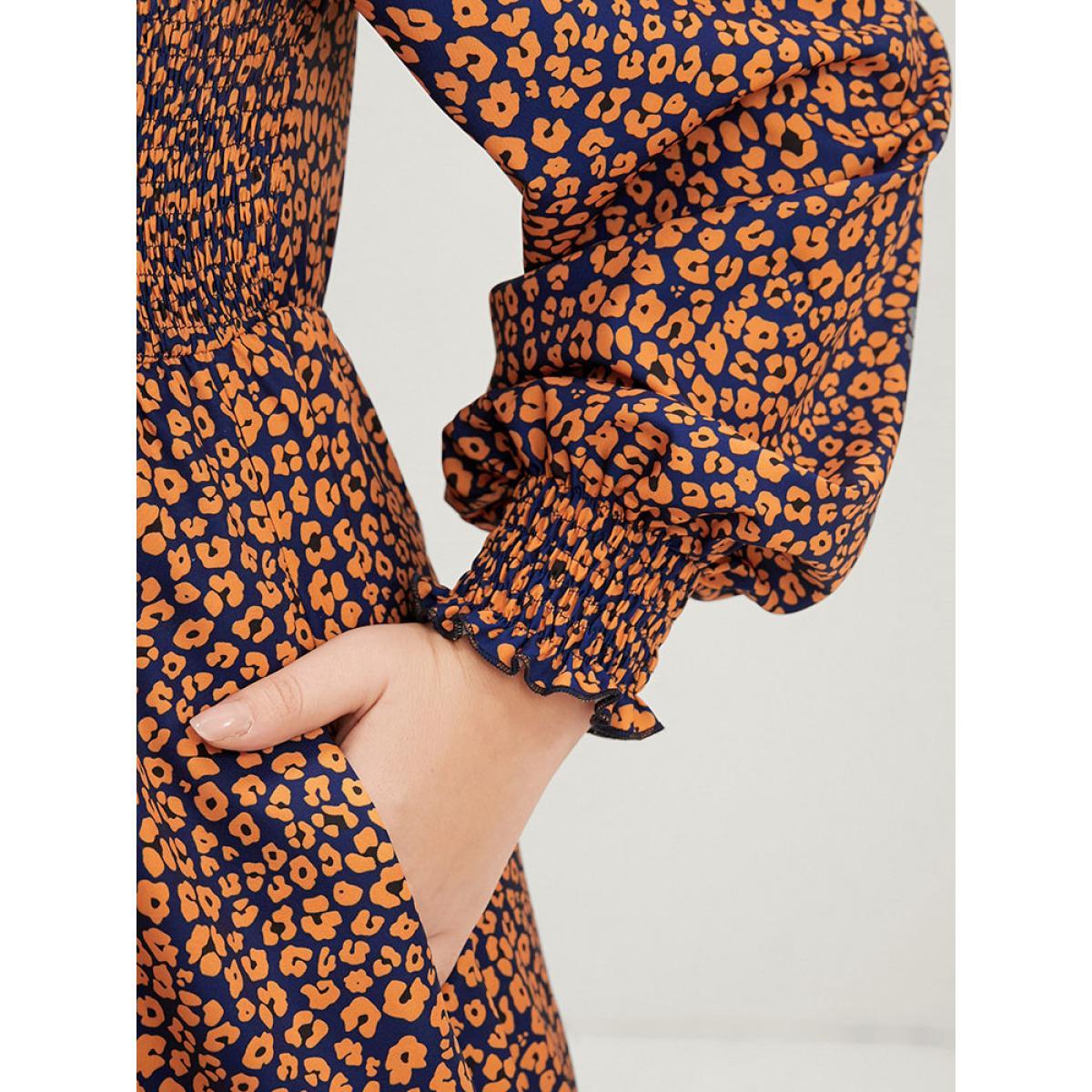 Plus Size Ditsy Floral Pocket Shirred Lantern Sleeve Split Hem Dress Chocolate Women Elegant Shirred Square Neck Long Sleeve Curvy Midi Dress BloomChic 26/4X Product Image