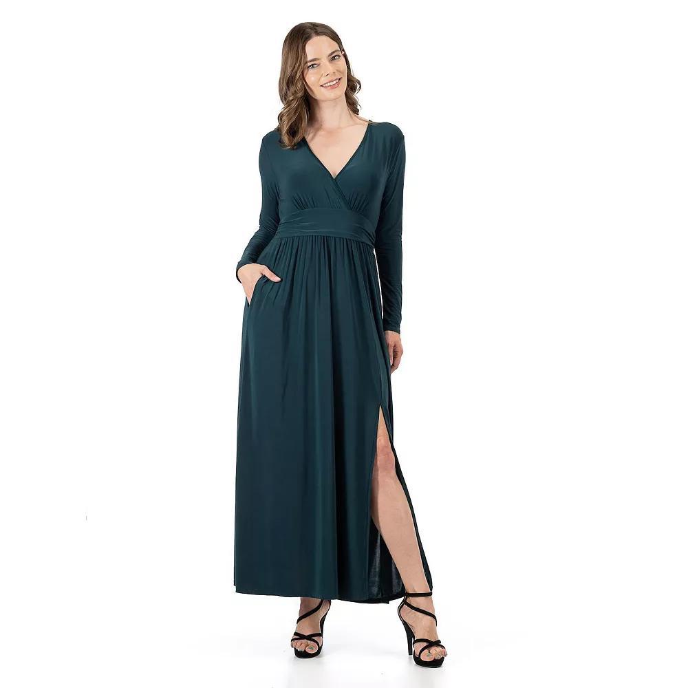 Women's 24Seven Comfort Apparel Long Sleeve V-Neck Side Slit Maxi Dress, Size: XL, Hunter Product Image