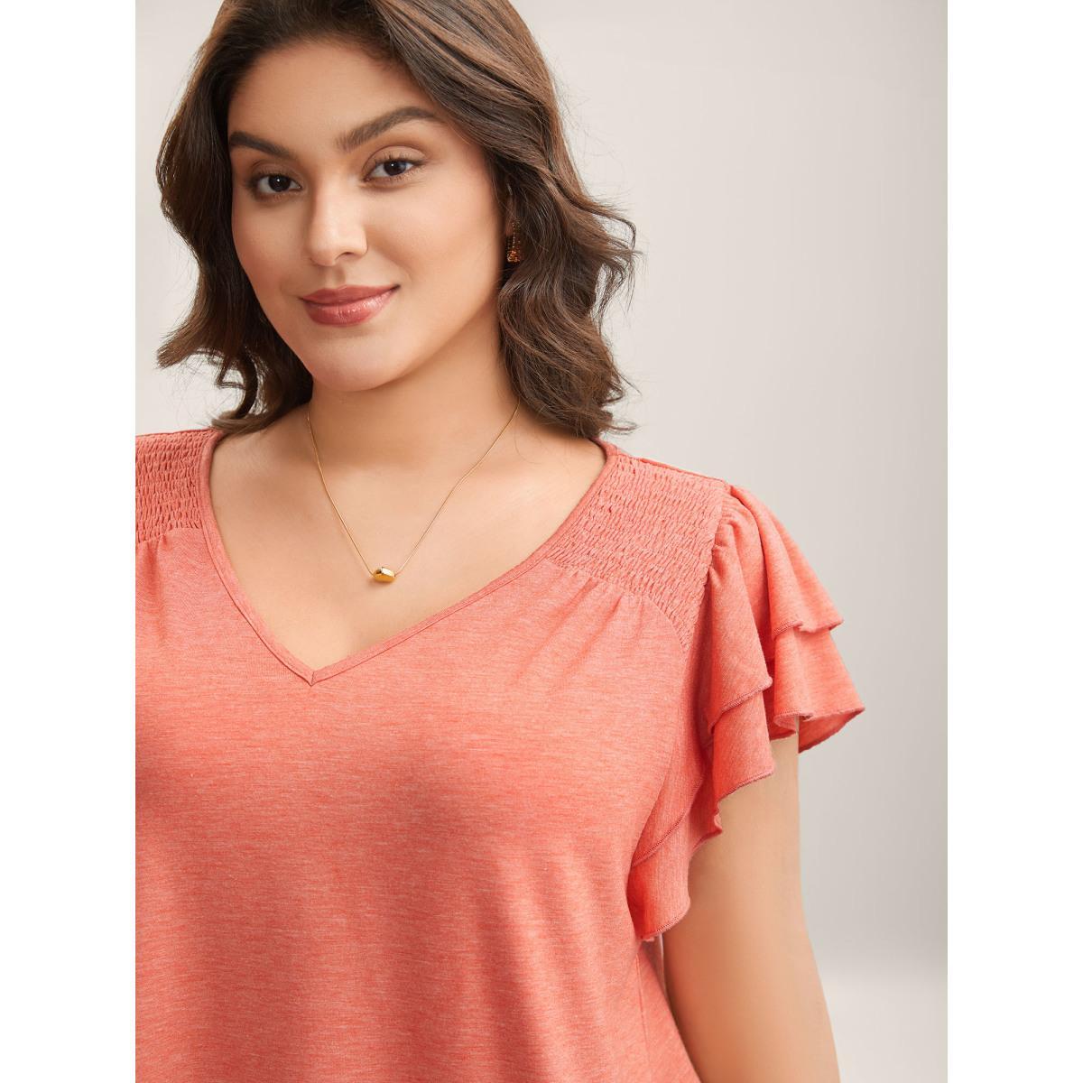 Plus Size Shirred Layered Lotus Leaf Sleeve T-Shirt Salmon Women Gathered V-neck Everyday-Elegant T-shirts BloomChic 26/4X Product Image