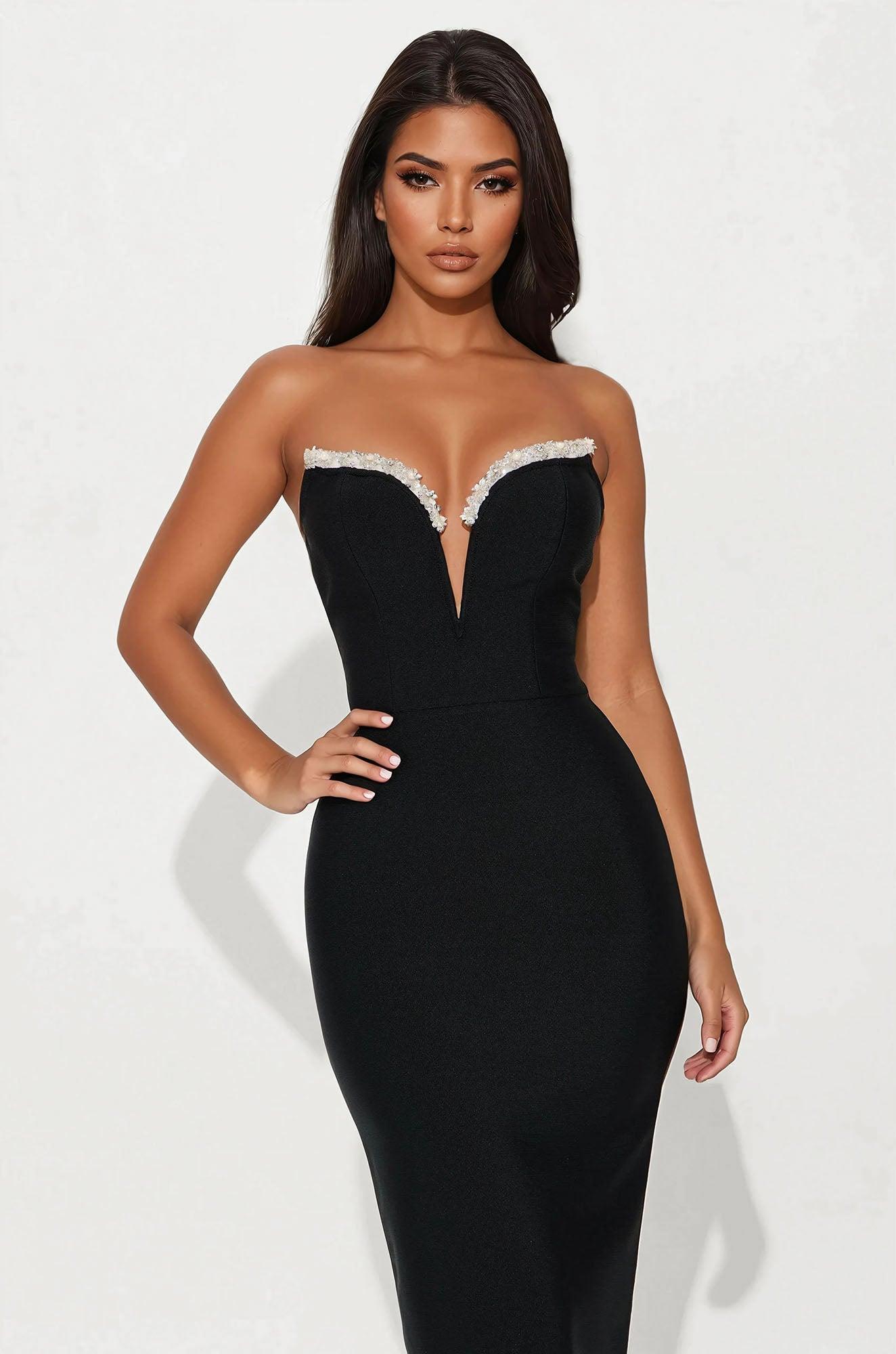 Best Dressed Rhinestone Bandage Midi Dress - Black Product Image