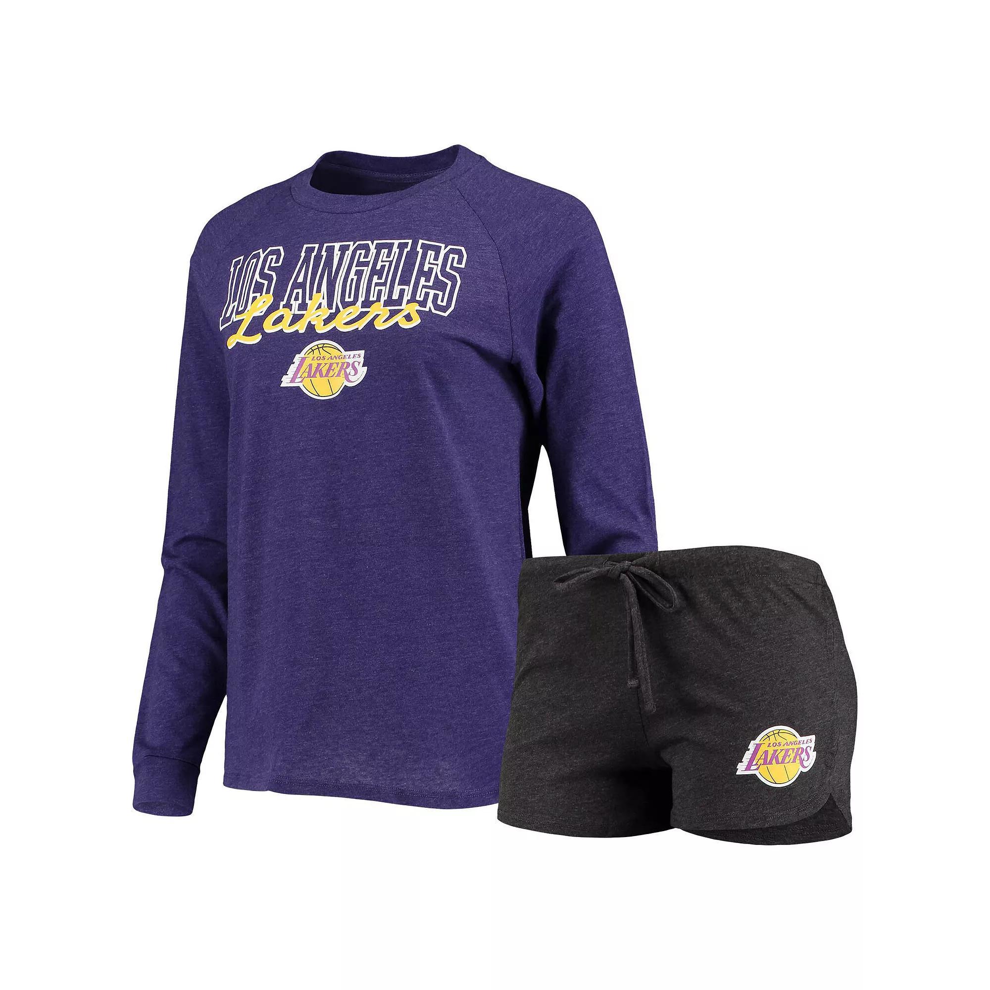 Women's Concepts Sport Heathered Black/Heathered Purple Los Angeles Lakers Raglan Long Sleeve T-Shirt & Shorts Sleep Set, Size: Large, Charco Product Image