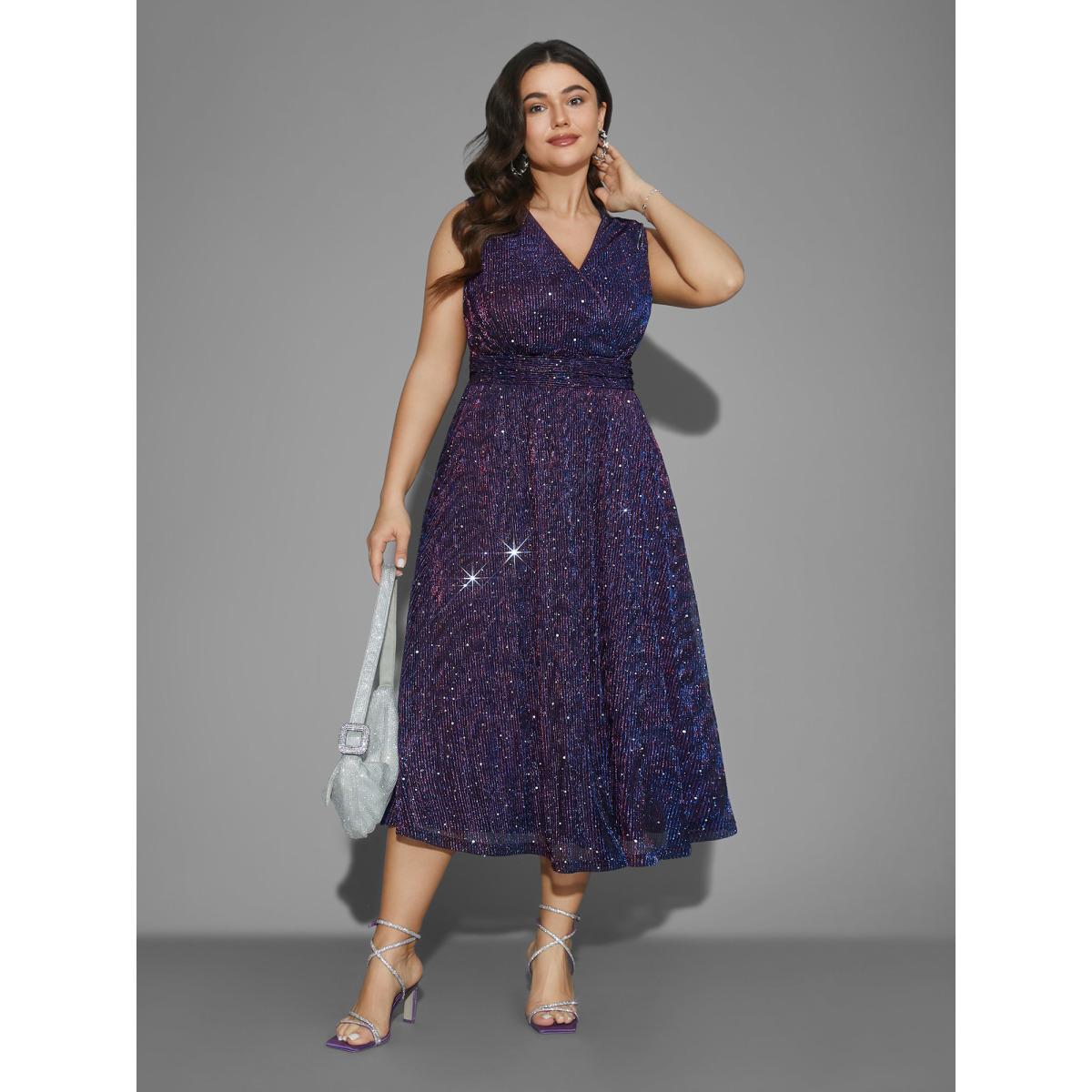 Plus Size Sequin Surplice Neckline Sleeveless Midi Dress Deeppurplered Women Cocktail Texture Party Curvy Bloomchic 26/4X Product Image