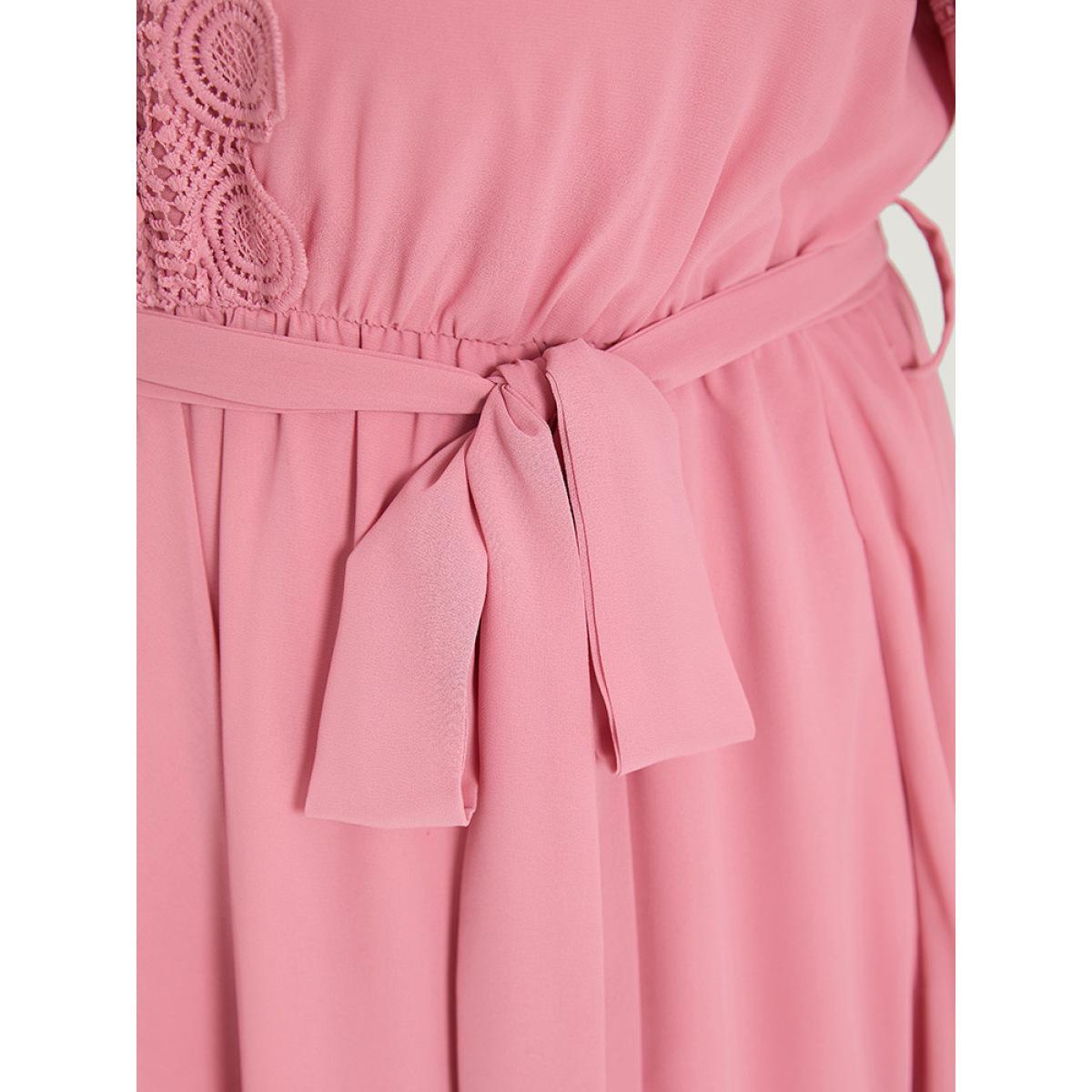 Plus Size Lace Panel Ruffle Trim Belted Lantern Sleeve Dress Pink Women Vacation Patchwork V-neck Elbow-length sleeve Curvy Knee Dress BloomChic 22-24/3X Product Image