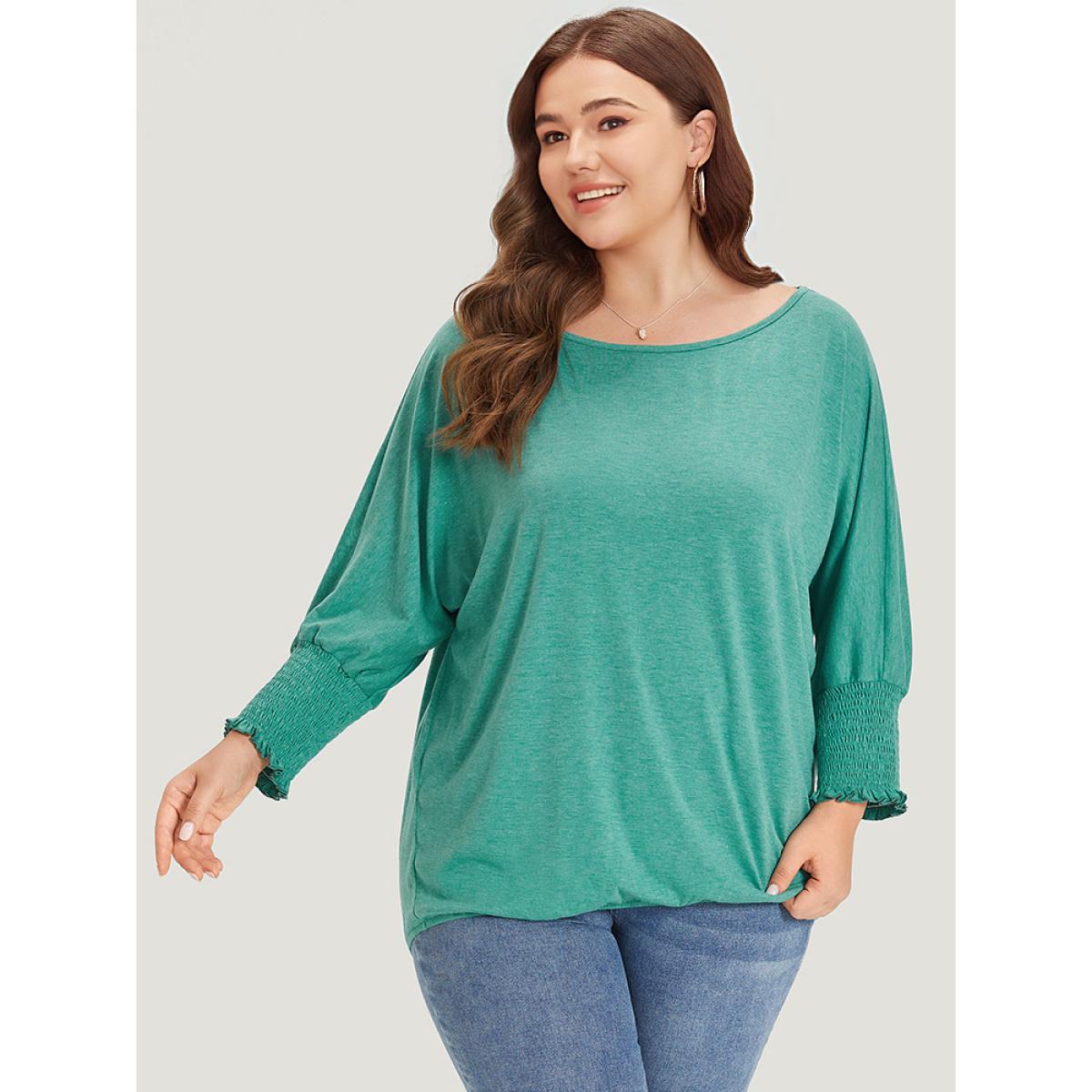 Plus Size Solid Heather Shirred Batwing Sleeve T-shirt Emerald Women Elegant Shirred Plain Round Neck Dailywear T-shirts BloomChic 28/5X Product Image