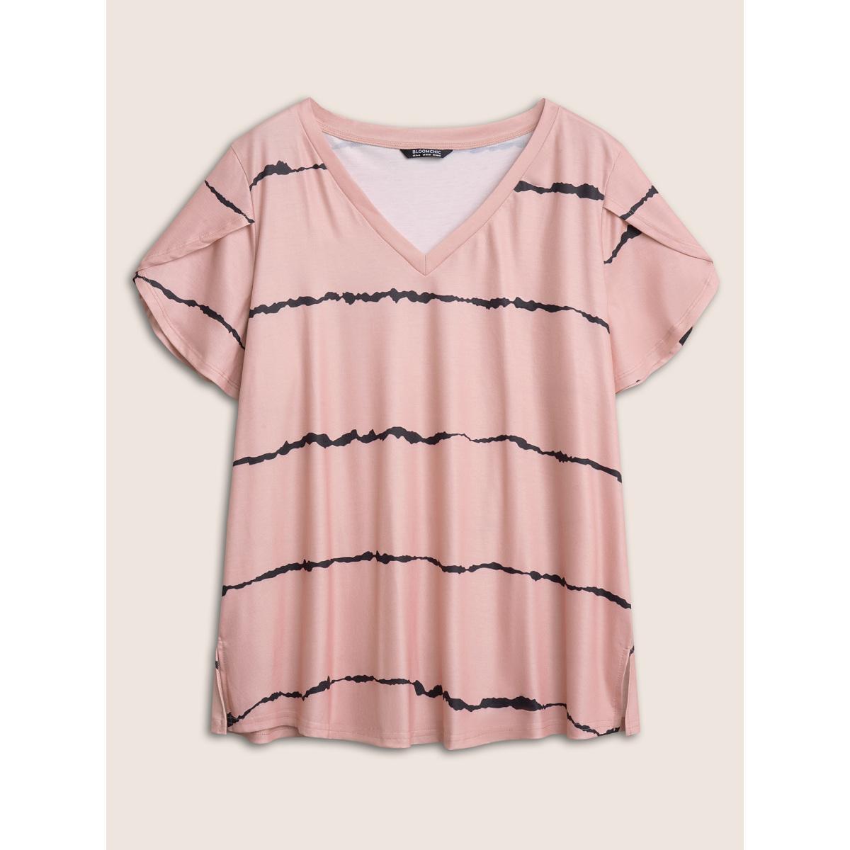 Plus Size Striped Contrast Petal Sleeve T-shirt Crepe Women Elegant Striped Everyday T-shirts BloomChic 22-24/3X Product Image