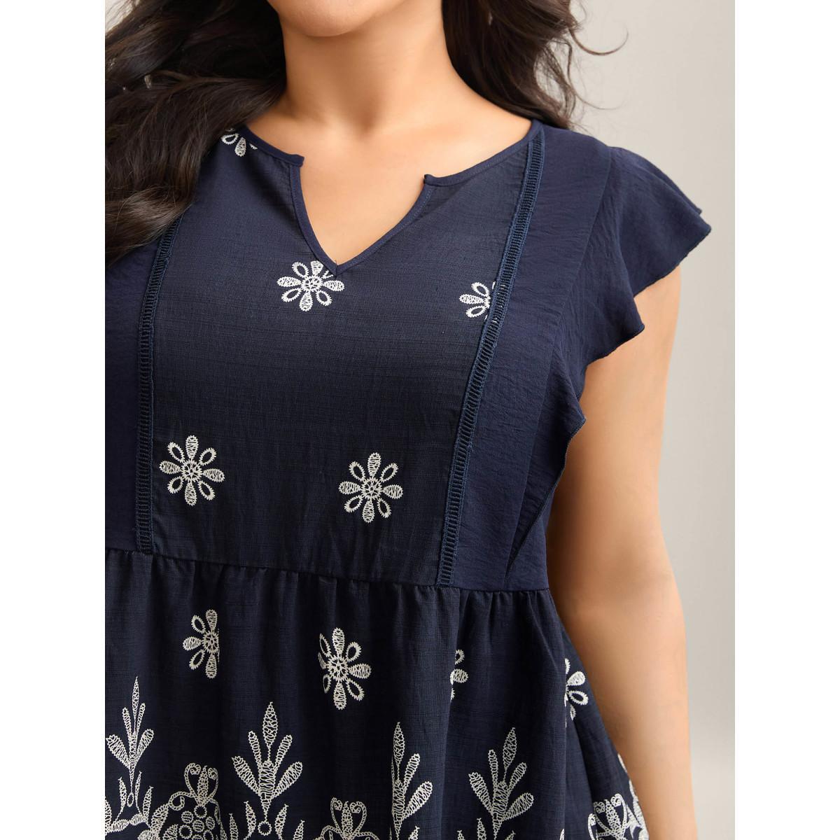 Plus Size Midnight Floral Boho Print Ruffled Plain Blouse Women Cap Sleeve Round Neck Everyday-Elegant Blouses BloomChic 12/L Product Image