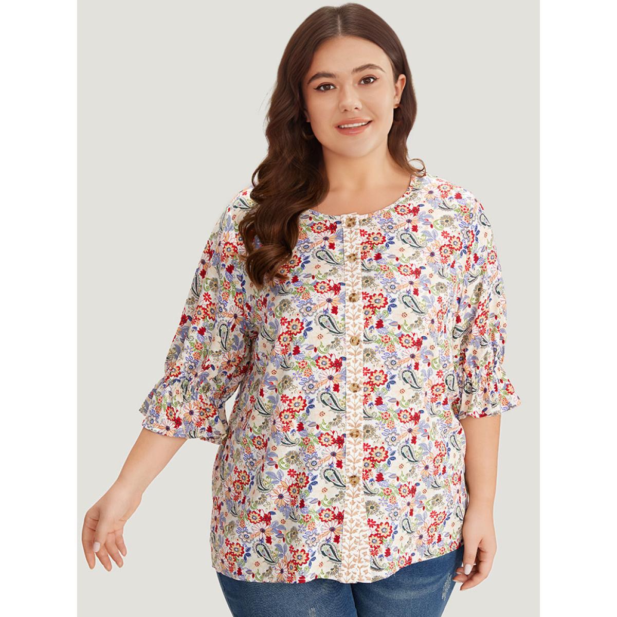 Plus Size Multicolor Floral & Paisley Graphic Button Up Lantern Sleeve Blouse Women Vacation Half Sleeve Round Neck Dailywear Blouses BloomChic 18-20/2X Product Image