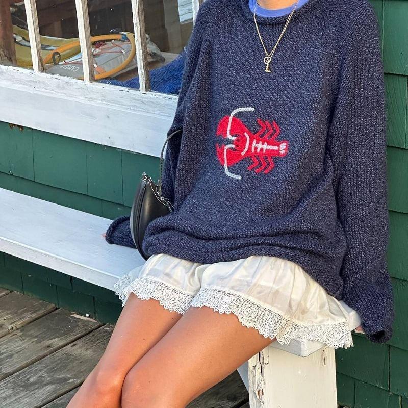 Long Sleeve Lobster Print Loose-Fit Sweater Product Image