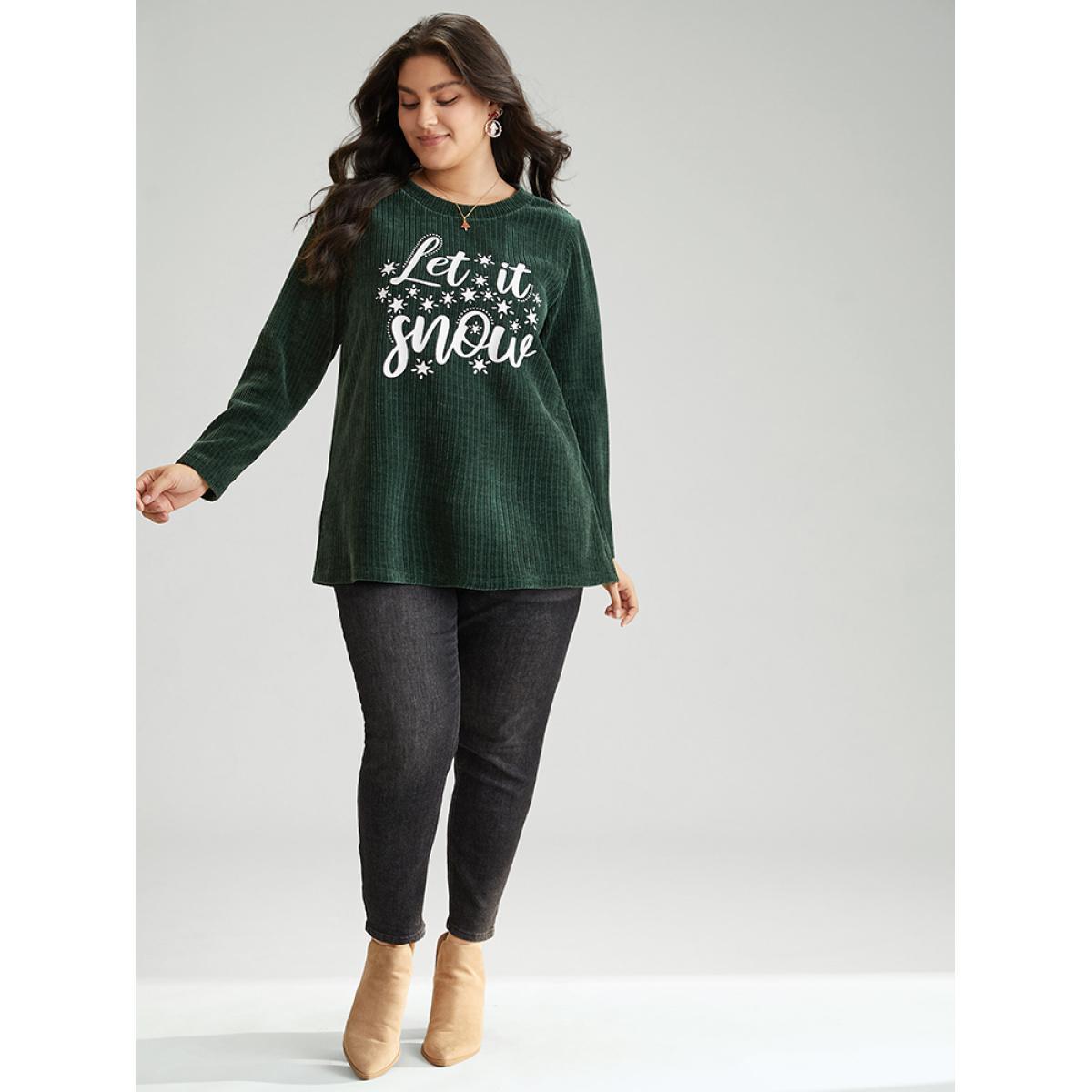 Plus Size Christmas Letter Thick Corduroy T-shirt Women DarkGreen Casual Velvet Festival-Christmas Sweatshirts BloomChic 12/L Product Image