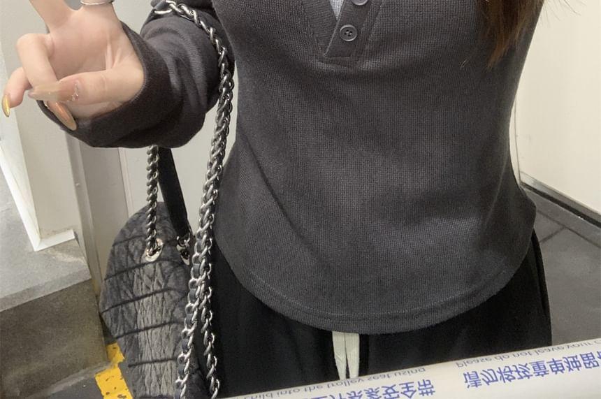 Long Sleeve Notch Neck Mock Two Piece Button Tee Product Image