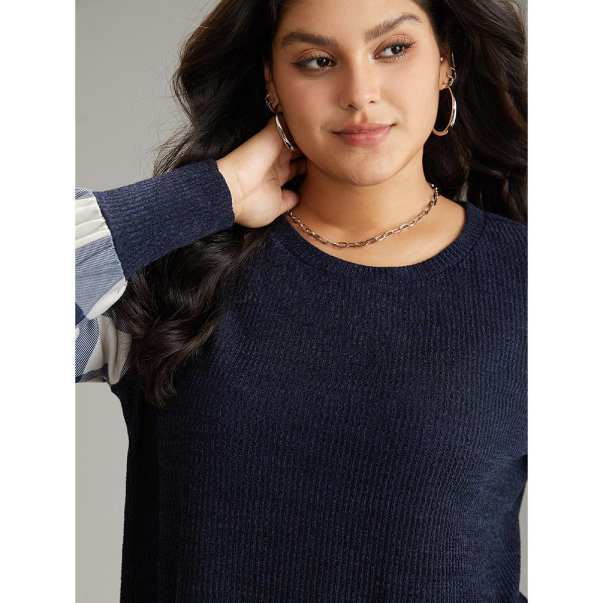 Plus Size Rib Knit Plaid Patchwork Plisse Sweatshirt Women Indigo Casual Heather Round Neck Dailywear Sweatshirts BloomChic 18-20/2X Product Image