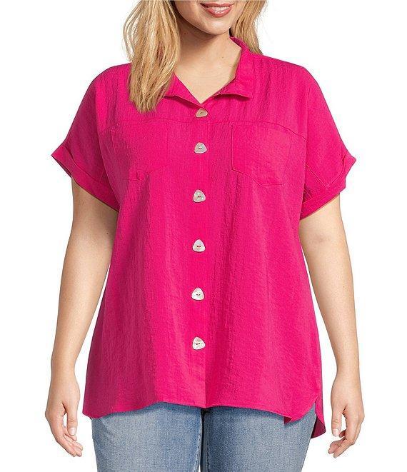 John Mark Plus Size Solid Wire Collar Short Dolman Sleeve Button Front Camp Shirt Product Image