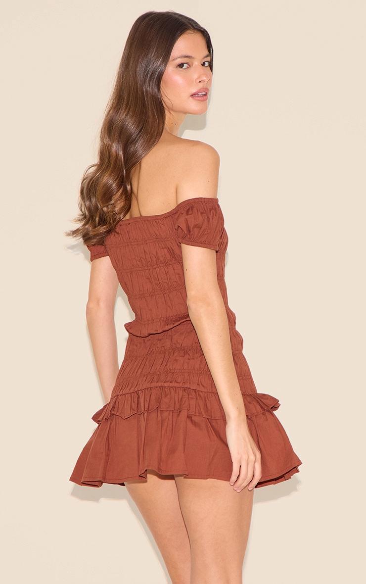 Chocolate Bardot Shirred Detail Shift Dress Product Image
