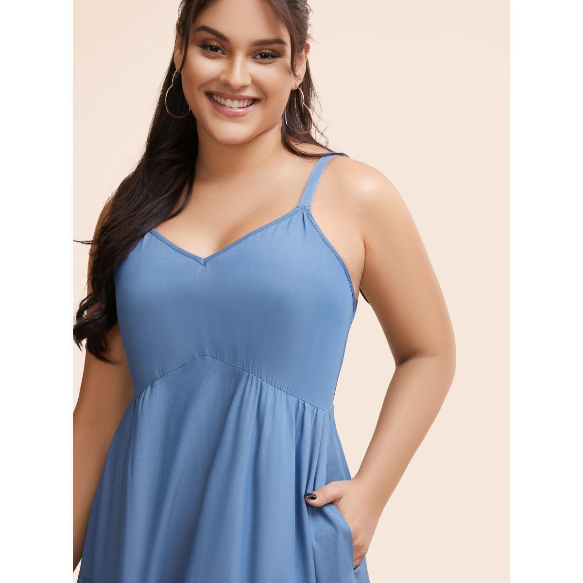 Plus Size Solid Ruffle Layered Hem Cami Dress Mediumblue Women Casual Gathered Heart neckline Sleeveless Curvy BloomChic 22-24/3X Product Image