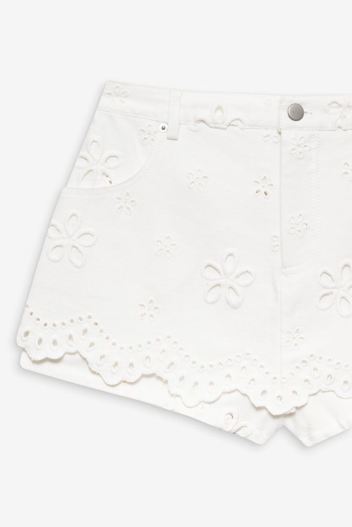 Daisy Eyelet Denim Skort — White Product Image
