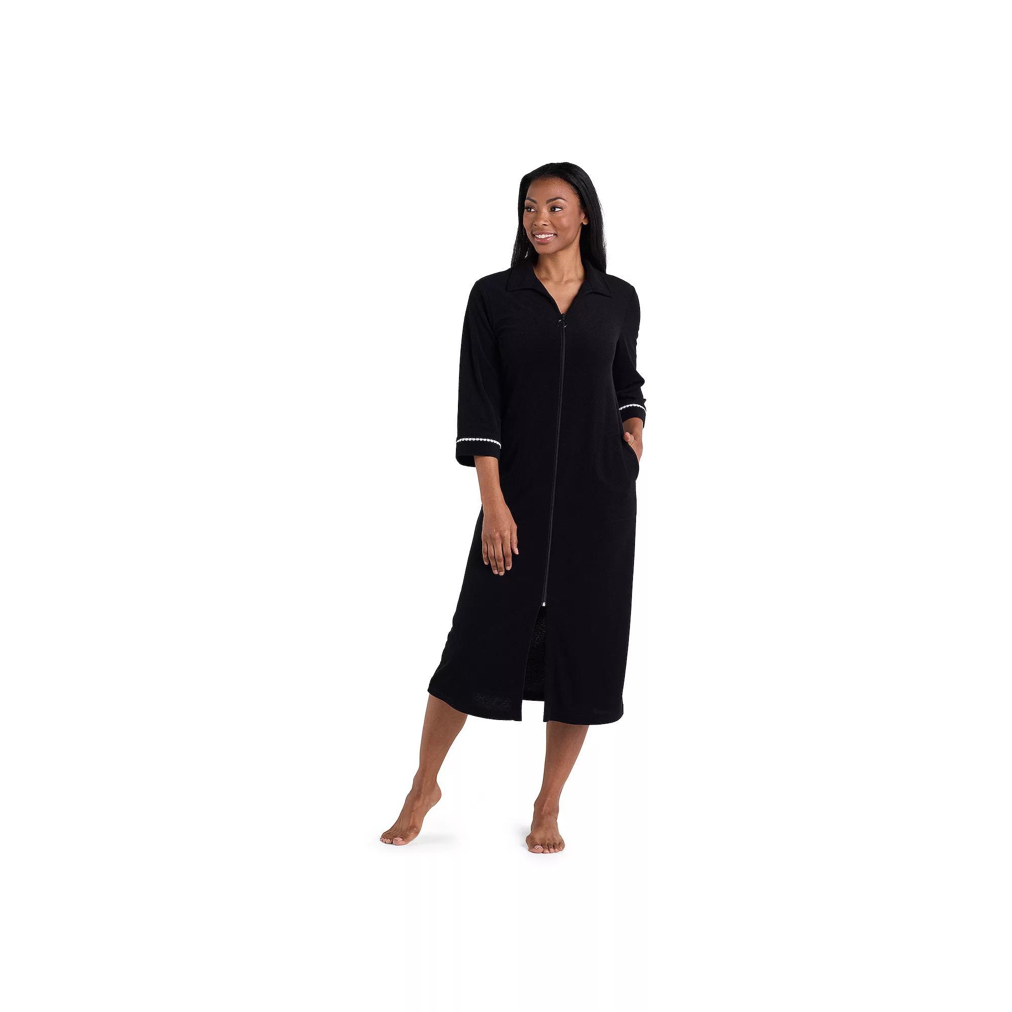 Women's Miss Elaine Essentials Terry Long Zip Robe, Size: Medium, Black Product Image