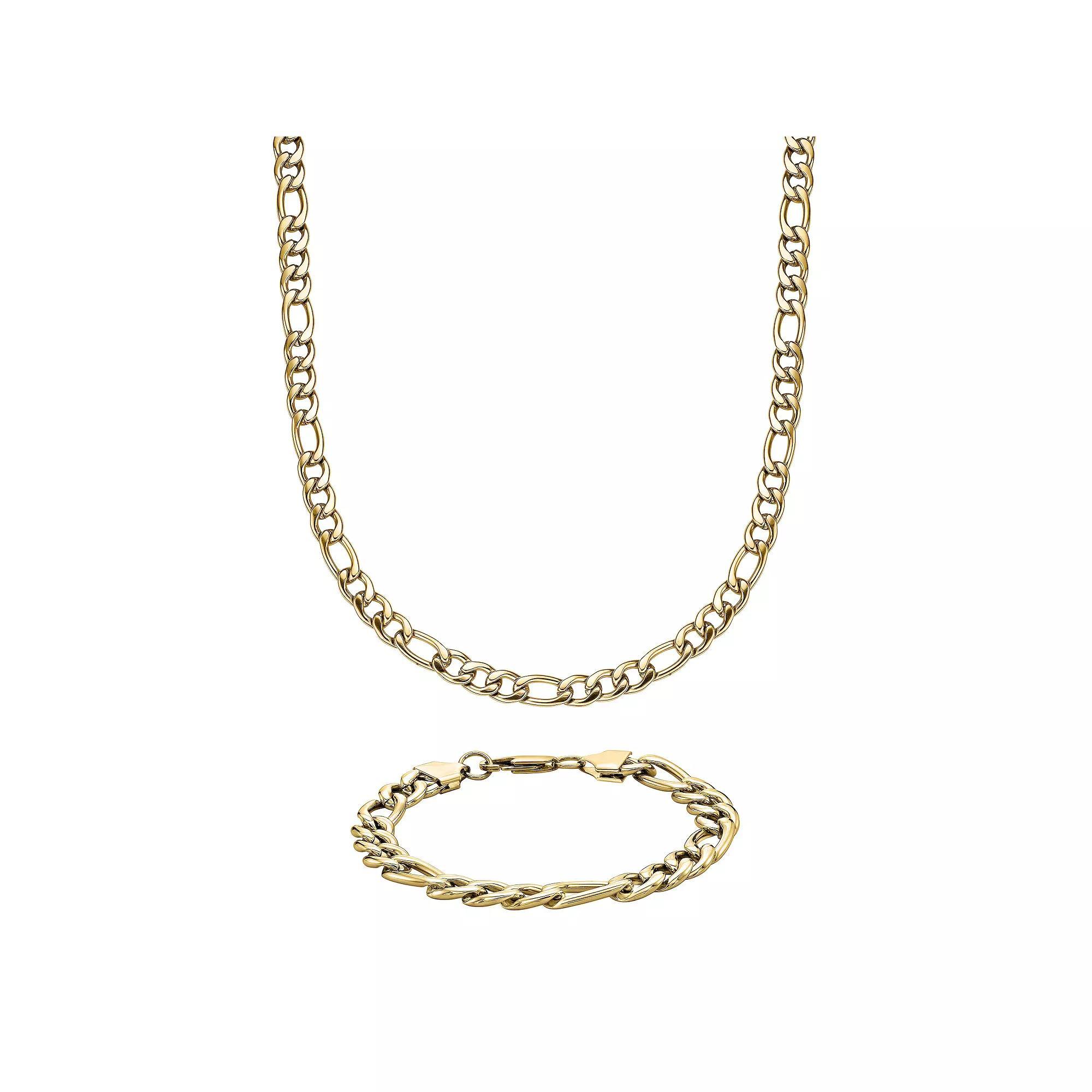 LYNX Gold Tone Ion-Plated Stainless Steel Figaro Chain Bracelet & Necklace Set, Men's, Size: 22" Product Image