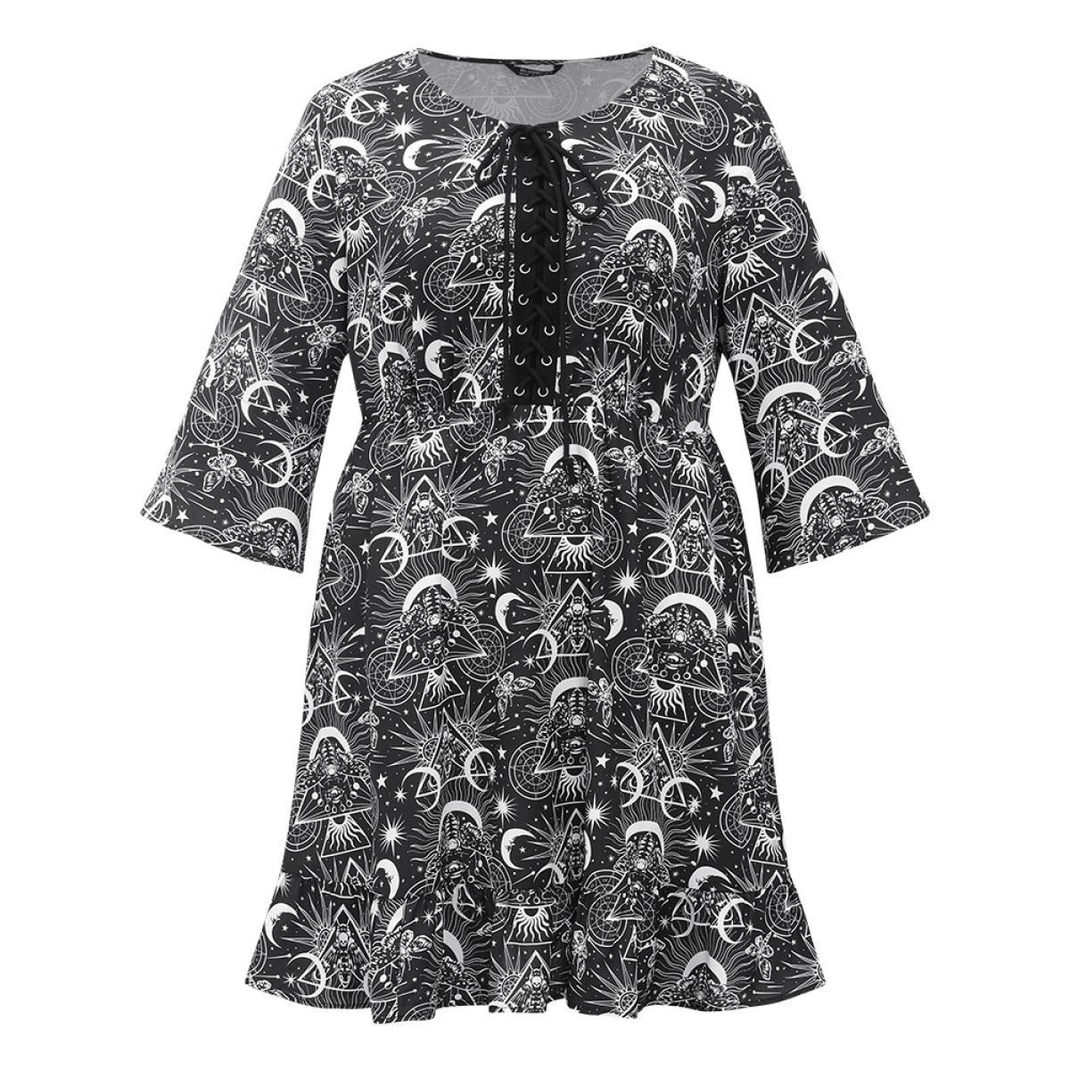 Plus Size Halloween Moon & Star Lace Up Pocket Bell Sleeve Dress Black Women Office Cross straps Round Neck Elbow-length sleeve Curvy Knee Dress BloomChic 30/6X Product Image