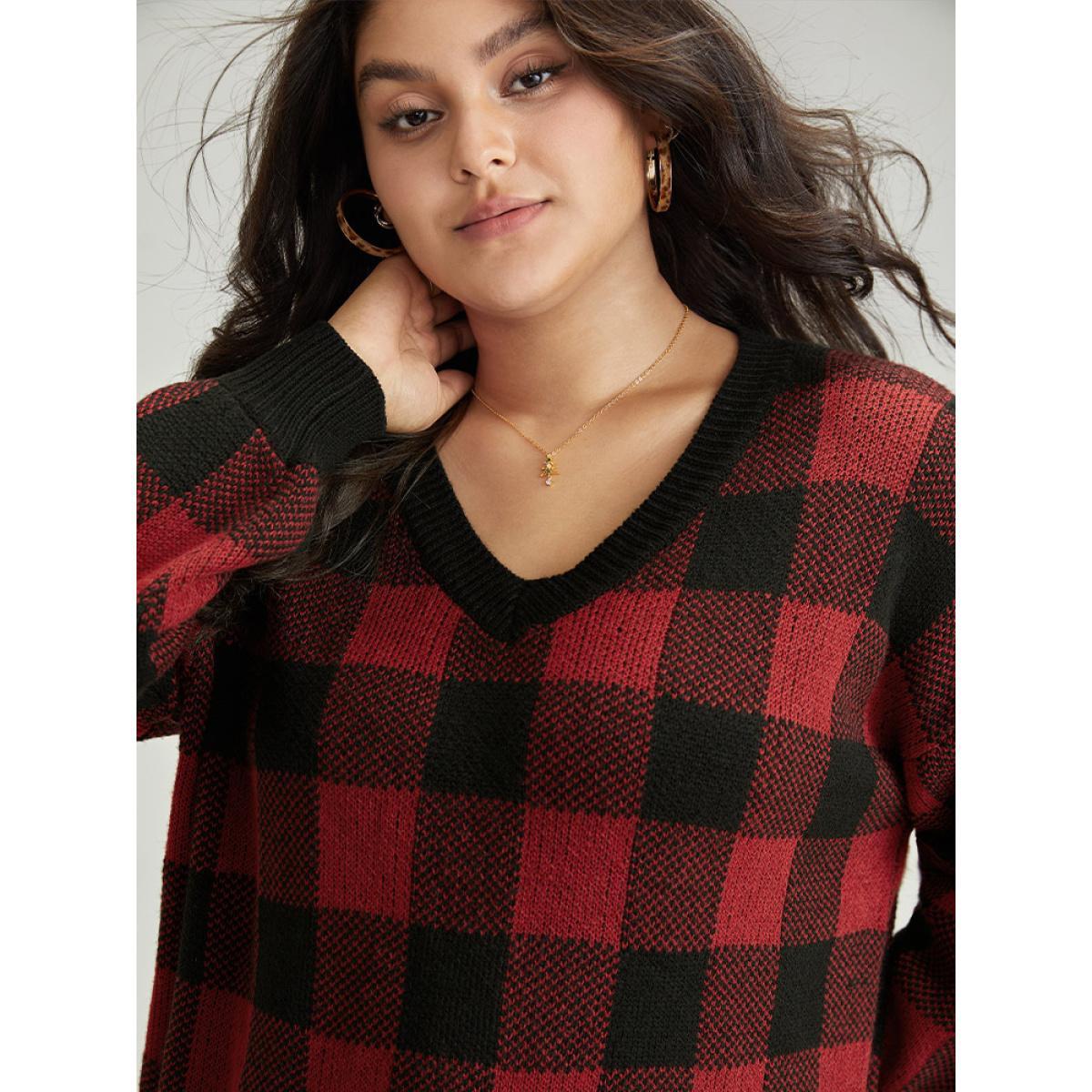 Plus Size Plaid V Neck Lantern Sleeve Loose Pullover Burgundy Women Casual Loose Long Sleeve V-neck Dailywear Pullovers BloomChic 10/M Product Image