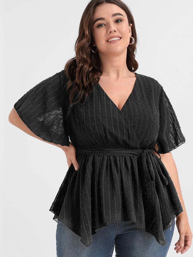 Solid Embroidered Asymmetrical Ruffled Belted Wrap Blouse Female Product Image