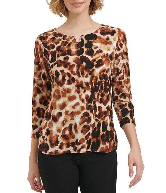 Calvin Klein Stretch Printed Split V Neckline 3/4 Sleeve Blouse Product Image