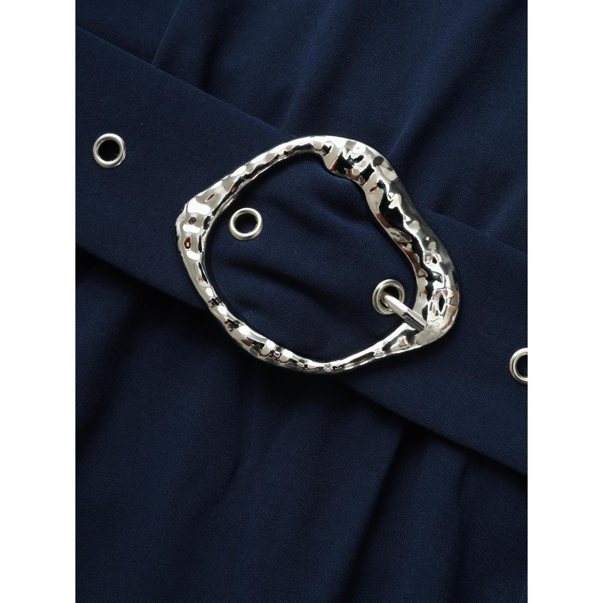 Plus Size Notched Collar Belted Tank Dress Indigo Women Workwear Essentials Belted Notched collar Sleeveless Curvy BloomChic 10/M Product Image