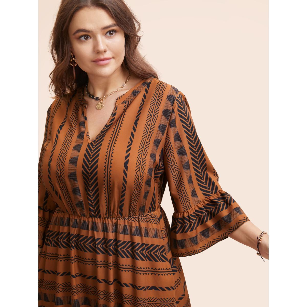Plus Size Notched Bandana Geometric Ruffle Sleeve Dress Yellowishbrown Women Resort Ruffles Flat collar with V-notch Elbow-length sleeve Curvy BloomChic 10/M Product Image