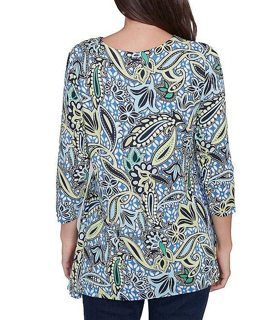 Ruby Rd. Balinese Ikat Print Knit Crew Neck Lace Up Front Placket 3/4 Sleeve Top Product Image
