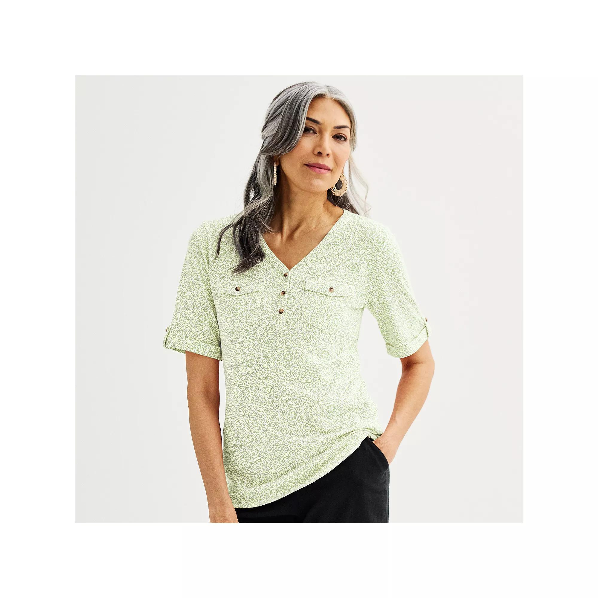 Petite Croft & Barrow® Elbow Sleeve Utility Henley Top, Women's, Size: Small Petite, Green Mosaic Product Image