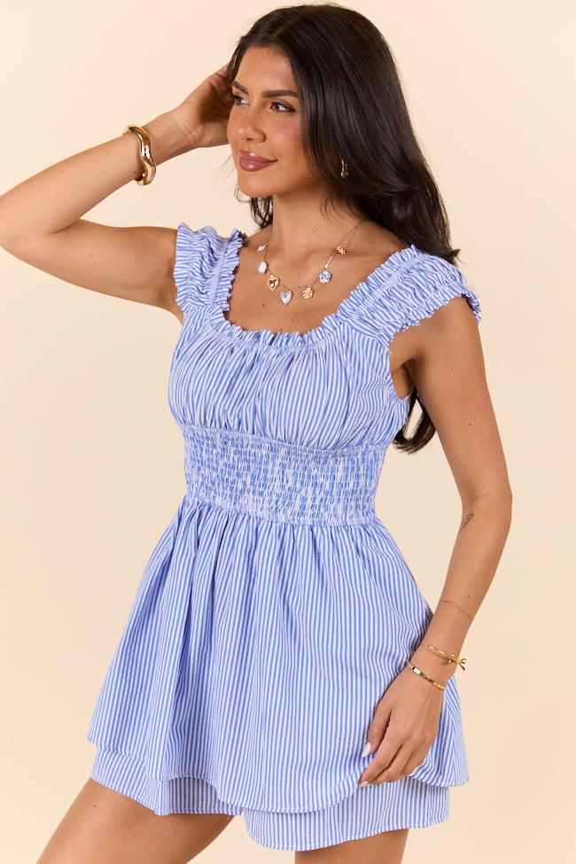 Good Things Take Time Blue Stripe Smocked Romper SALE Product Image