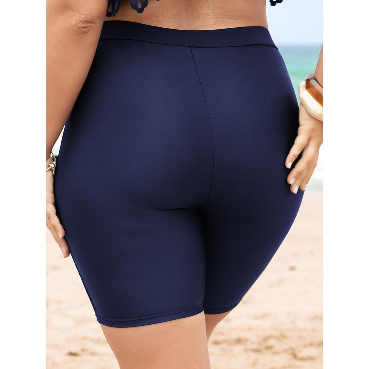 Plus Size Lace Insert High Waist Swim Shorts Women's Swimwear Indigo Vacation See through High stretch Skinny High Rise Curve Swim Bottoms BloomChic 30/6X Product Image