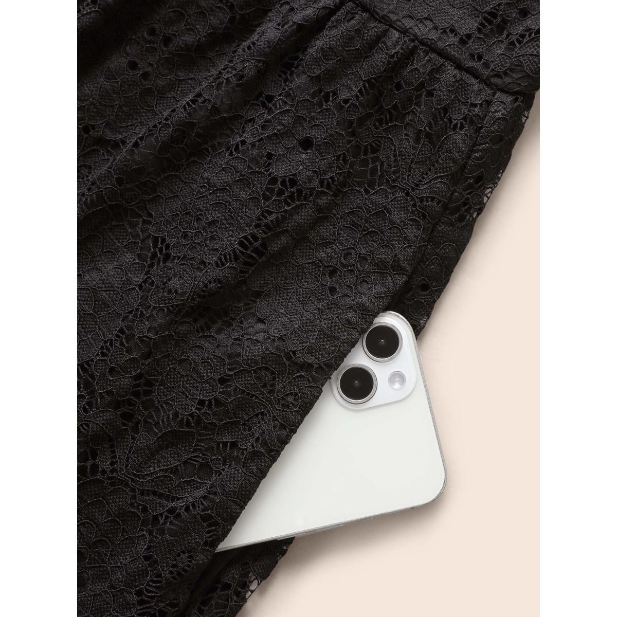 Plus Size Square Neck Lace Mesh Midi Dress Black Women Casual Woven ribbon&lace trim Square Neck Short sleeve Curvy BloomChic 12/L Product Image