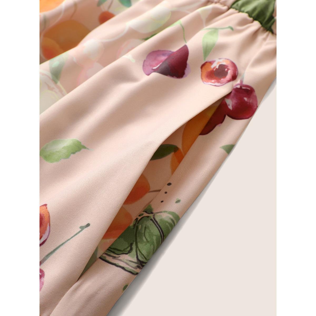 Plus Size Citrus Fruits Print Elastic Waist Belted Pocket Dress Apricot Women Elegant Non V-neck Short sleeve Curvy Midi Dress BloomChic 26/4X Product Image